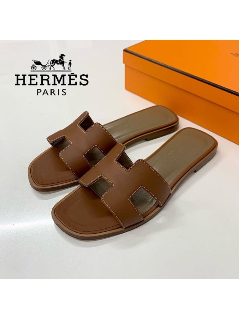 Hermes Oran Leather Sandals Brown